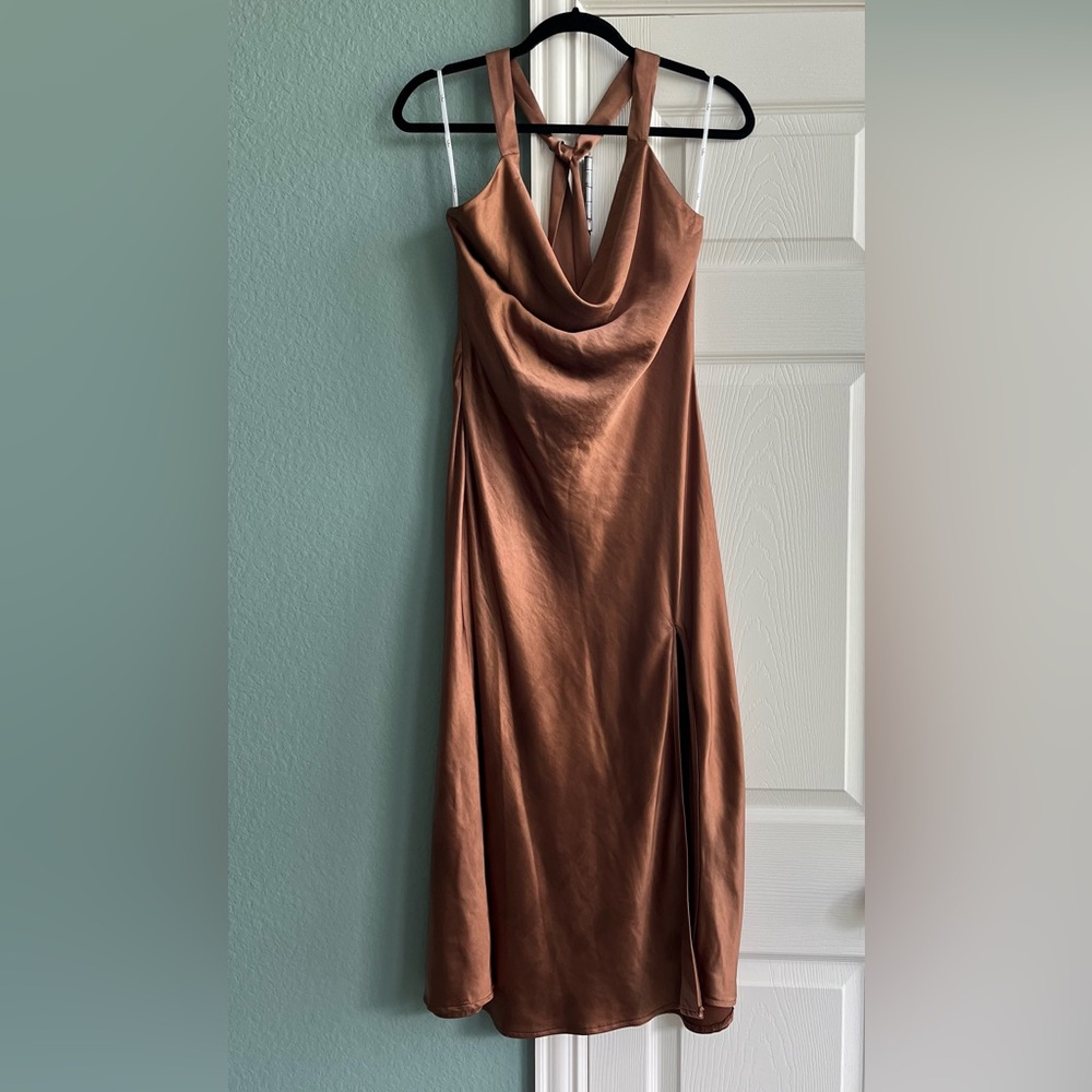 Lulus Sophisticated Impression Brown Satin Backless Cowl Midi Dress - Picture 2 of 7